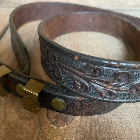 For Crafting - Hand Tooled Saddle Belt Leather Gold Tone Buckle Vintage - Picture 6 of 8